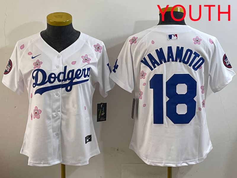 Youth Los Angeles Dodgers #18 Yamamoto White Sakura Edition 2025 Nike MLB Jersey style 1